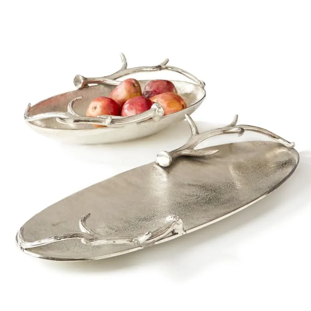 TOZAI HOME Silver Antler Serving Dish Aluminum Plate Oval Tray